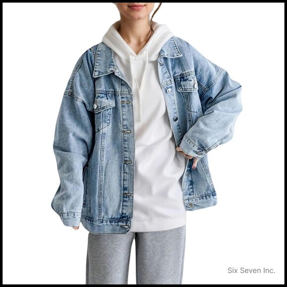 Oversized Denim Jacket Boyfriend Fit Loose Shacket Classic Trucker Coat